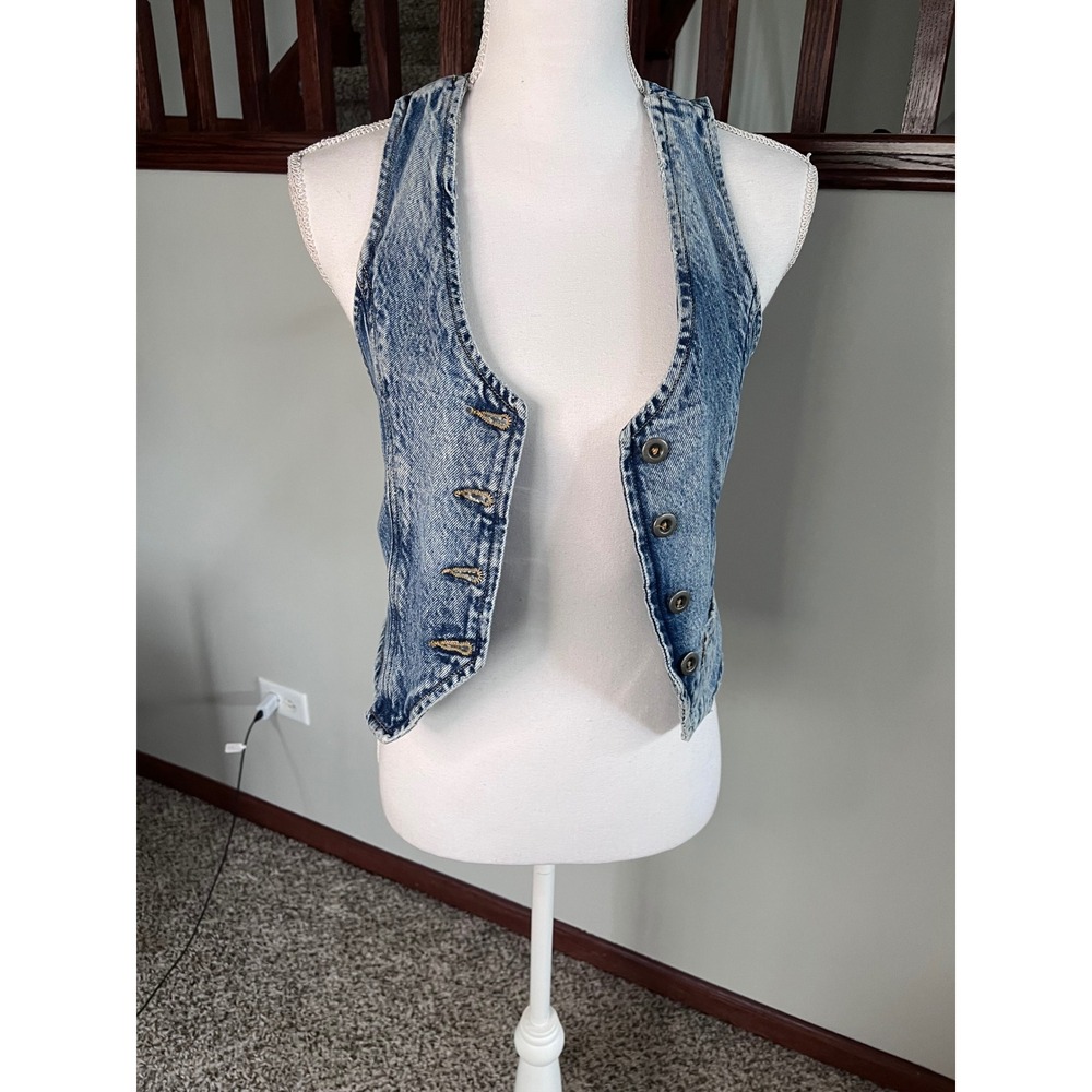 Arizona Jean Co Womens XS Blue Acid Wash Denim Cropped Button Front Vest V-Neck